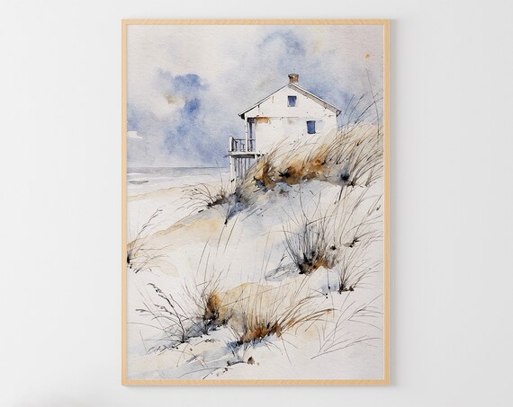 Cape Cod Beach House Sand Dunes Beach Grass Watercolor Seaside Poster
