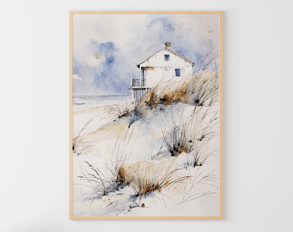 Cape Cod Beach House Sand Dunes Beach Grass Watercolor Seaside Poster
