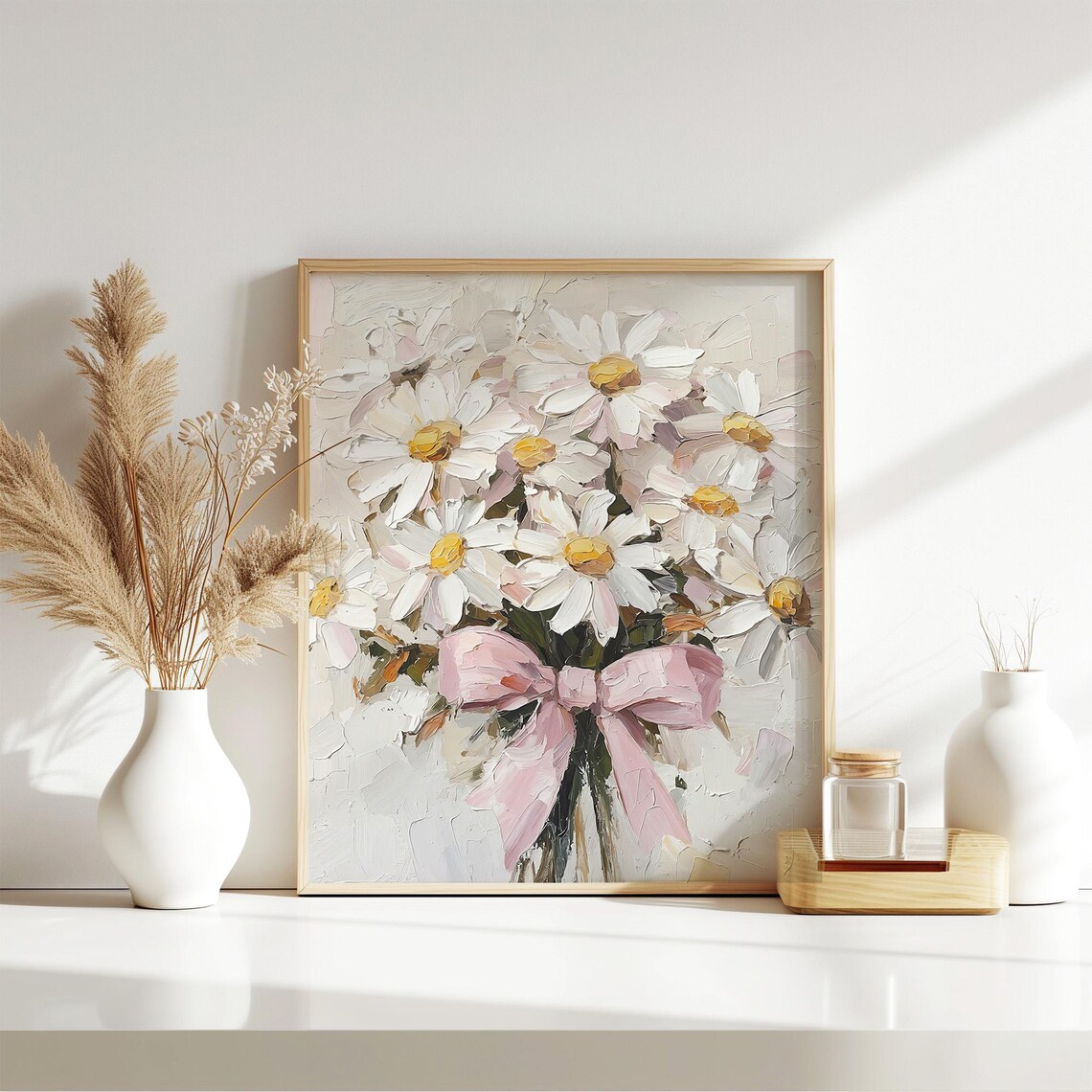 Daisy Oil Print With Pink Bow, Botanical Art Print - Image 5