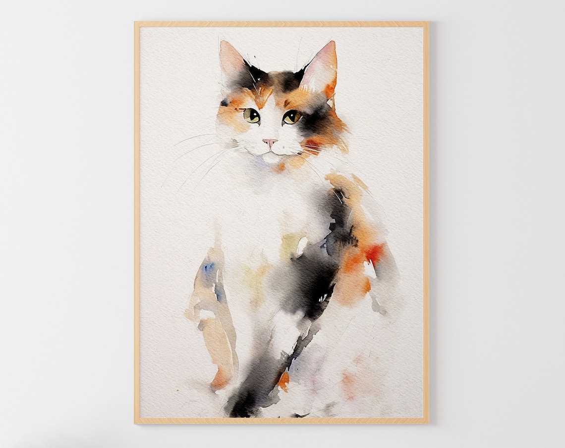 Calico Cat Watercolor Pet Portrait, Art Print