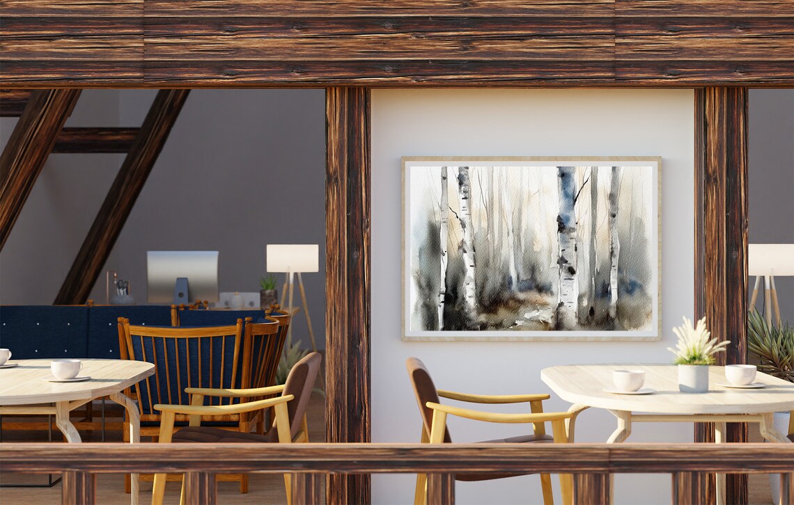 Birch Trees Watercolor Art Print, Misty Forest Landscape - Image 4