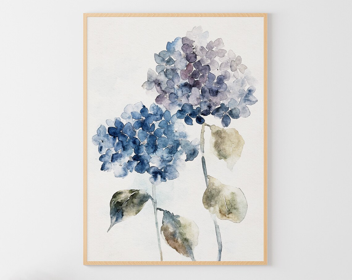 Blue Hydrangea Watercolor Art Print, Neutral Floral