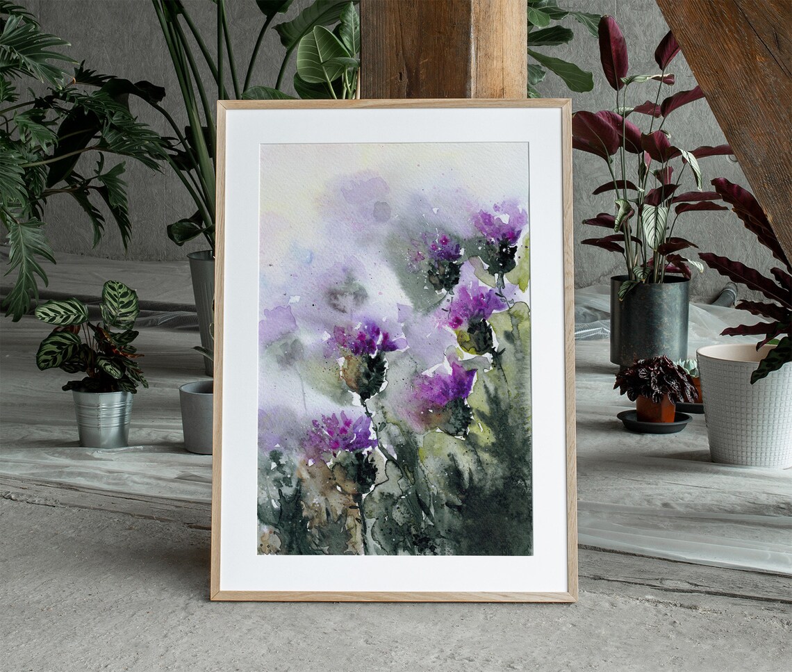 Scottish Meadow Thistle Wildflowers Watercolor Art Print - Image 3
