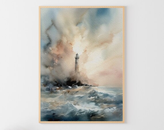Lighthouse Stormy Ocean Waves Misty Seascape Watercolor Painting Wall Poster