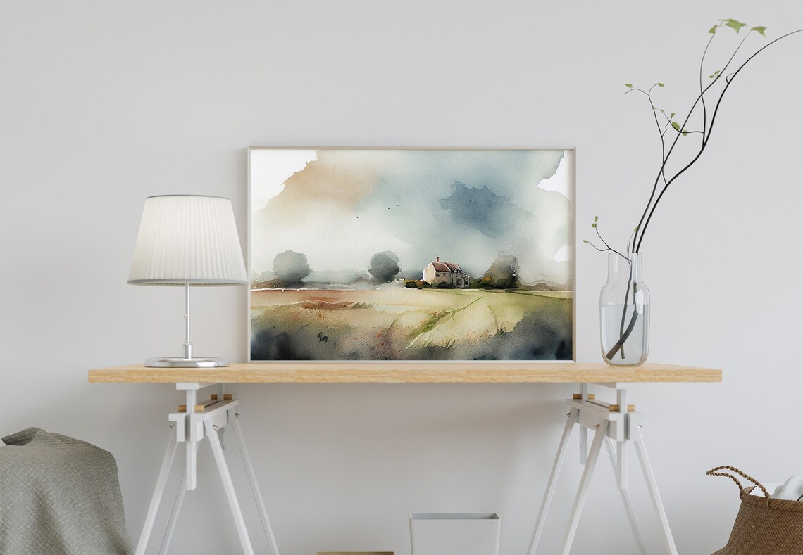 Countryside Farmhouse Watercolor Country Landscape Art Print - Image 2