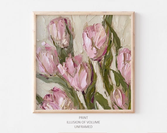 Pink Tulips Oil Painting, Neutral Farmhouse Art Print
