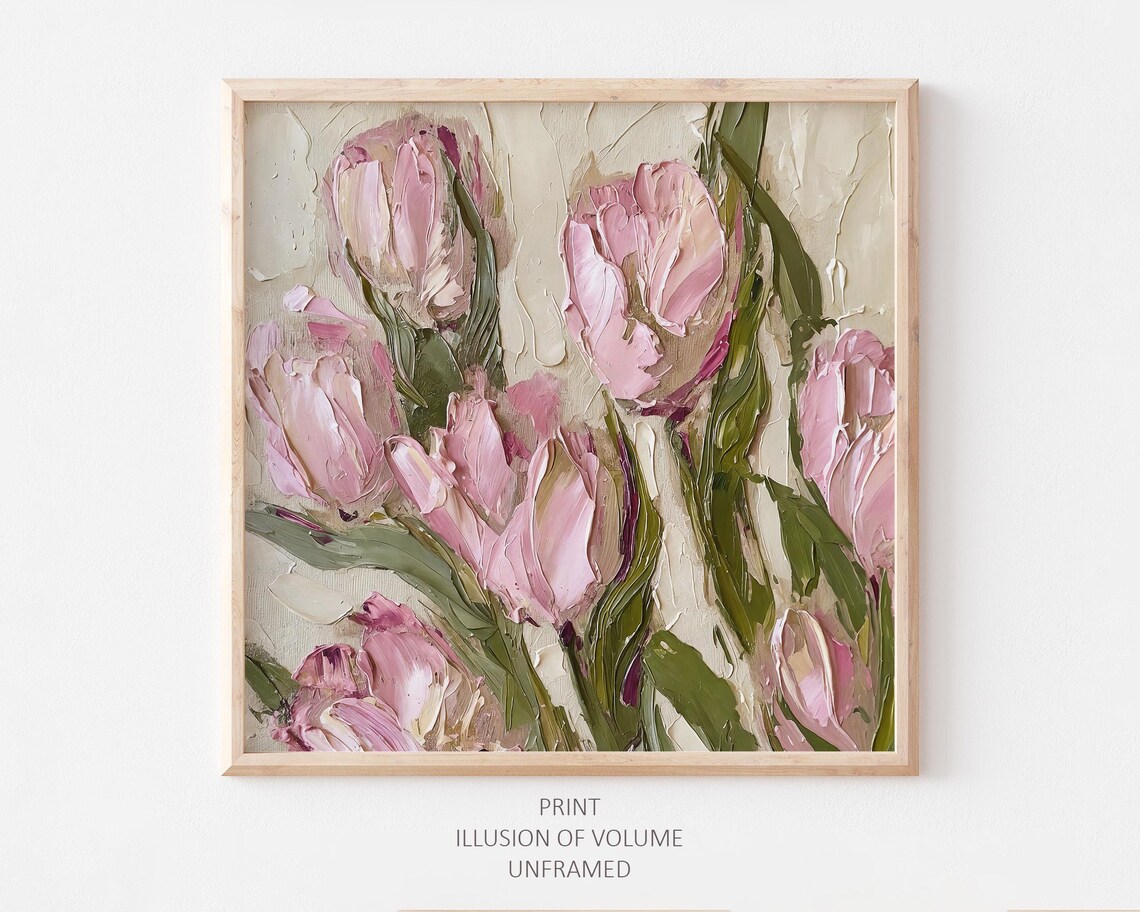 Pink Tulips Oil Painting, Neutral Farmhouse Art Print
