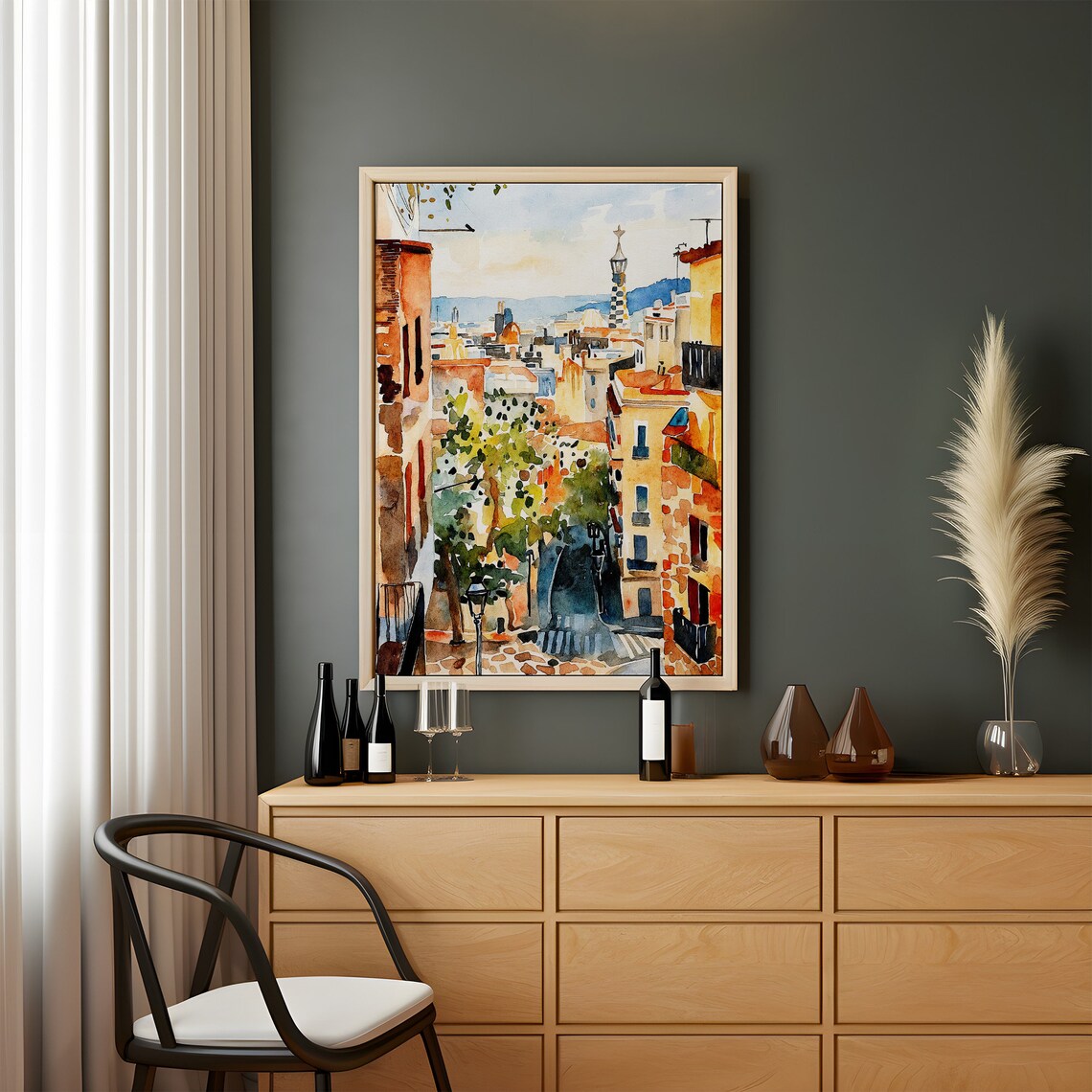 Barcelona Old Town Street Park Guell Tower Watercolor Cityscape Poster - Image 3
