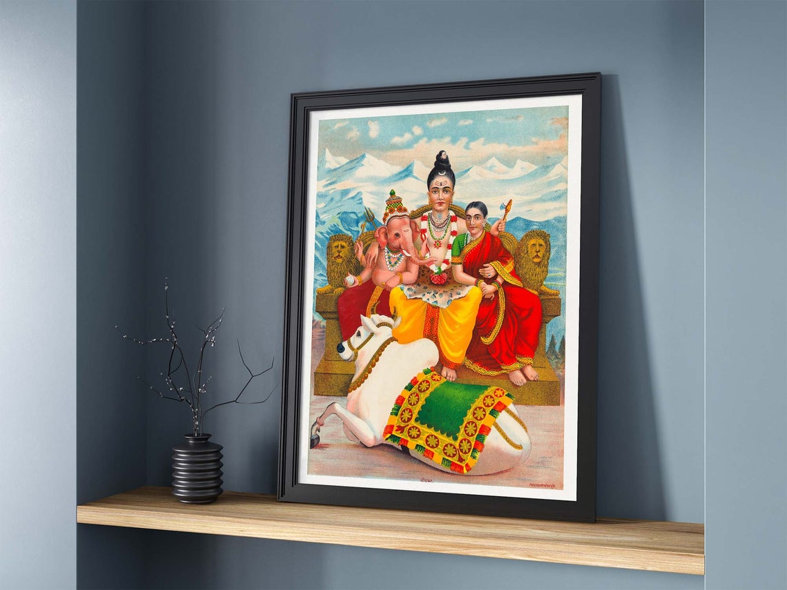 Shiva with Parvati and Ganesha Vintage Hindu Religious Art Poster - Image 2