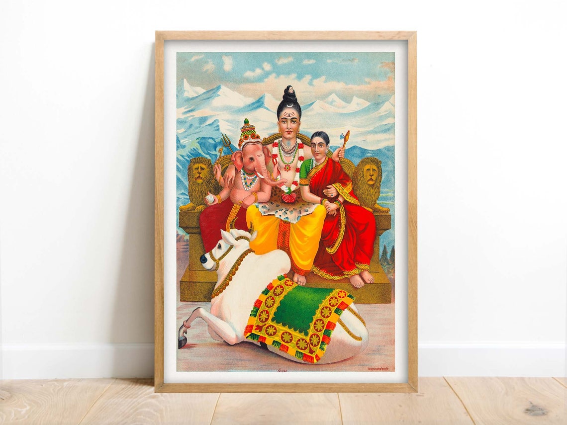 Shiva with Parvati and Ganesha Vintage Hindu Religious Art Poster - Image 3