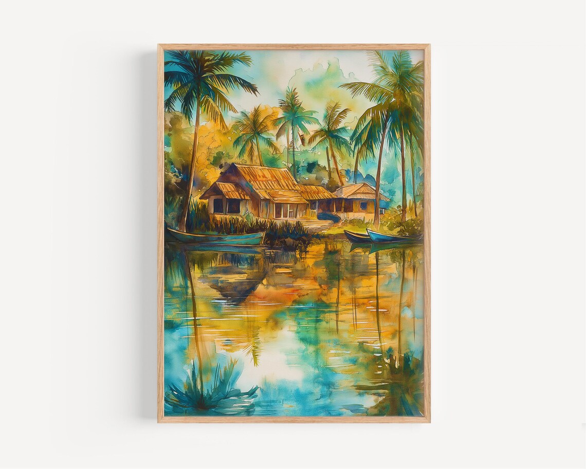 Kerala Watercolor Painting, India Travel Poster