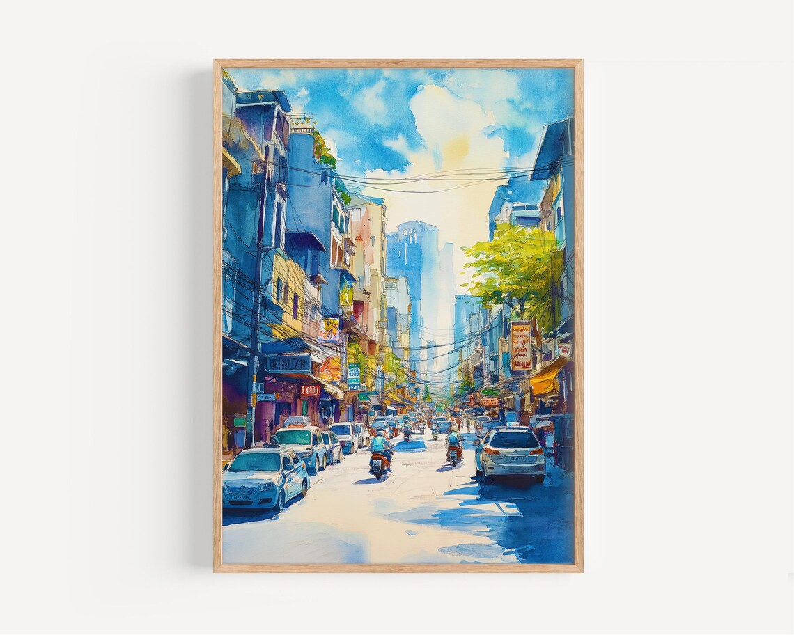Ho Chi Minh City Street Motorbike Watercolor Vietnam Travel Poster