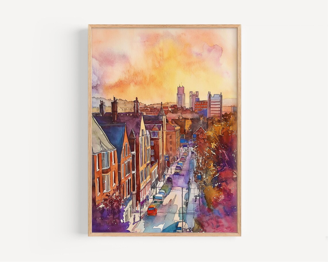 Sheffield UK City Street Sunset Watercolor Vibrant Urban Travel Poster