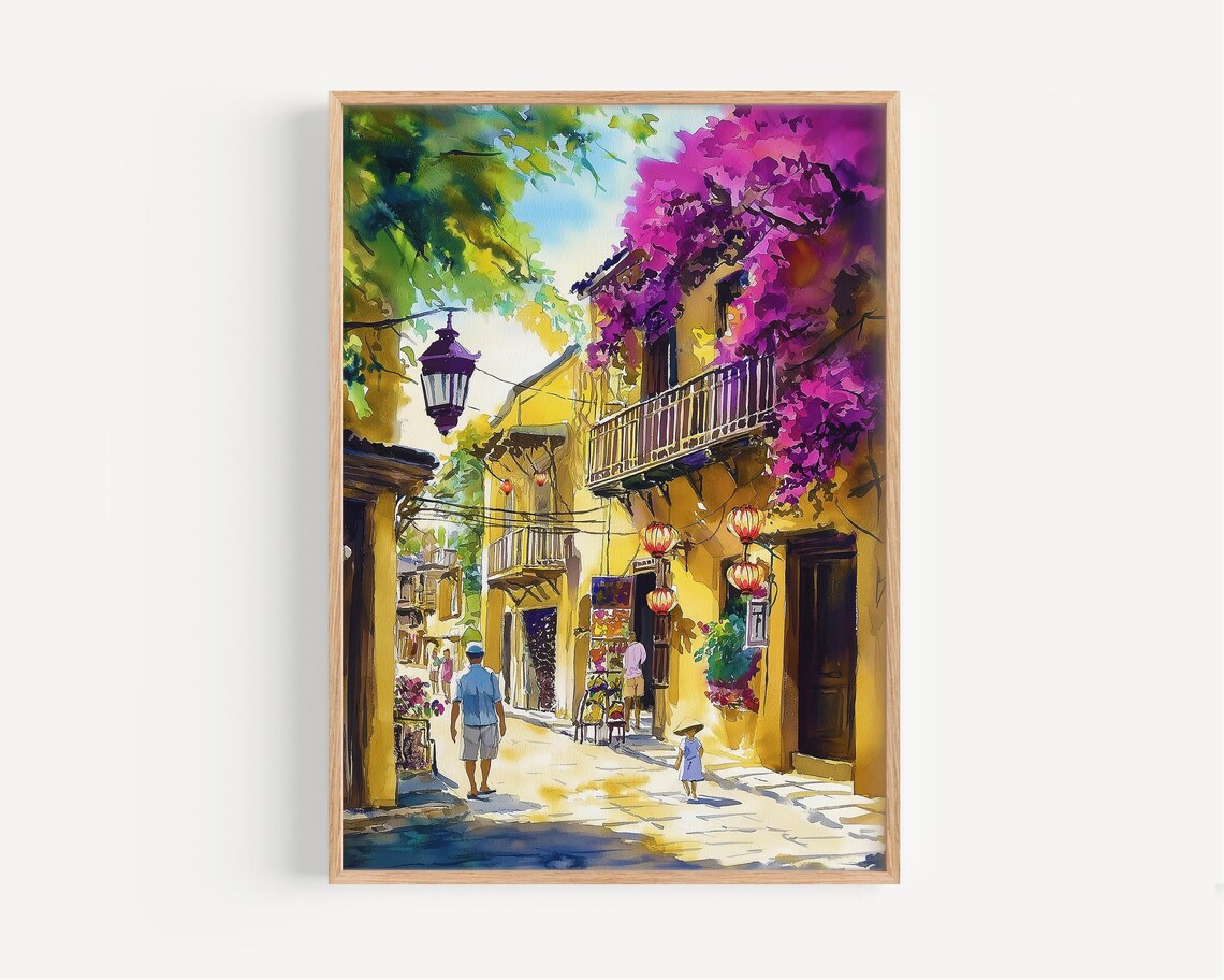 Hoi An Vietnam Old Town Street Lanterns Watercolor Travel Poster