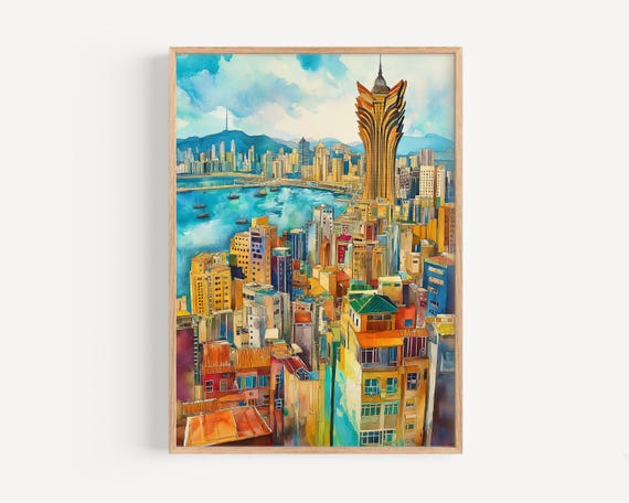 Macau Watercolor Painting China Wall Art Print Poster Travel Decor Illustration Home Chinese