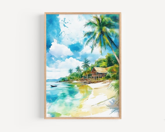 Tropical Beach Palm Trees Thatched Hut Turquoise Water Watercolor Poster