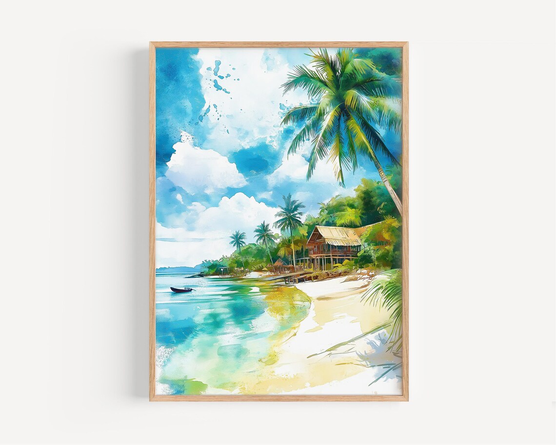 Tropical Beach Palm Trees Thatched Hut Turquoise Water Watercolor Poster