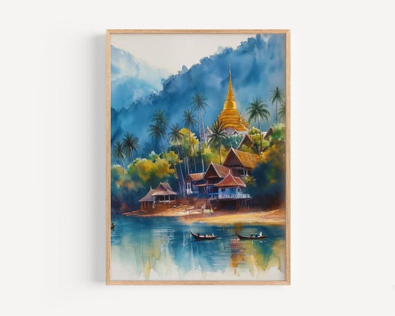 Luang Prabang Watercolor Painting Wall Art Print Laos Poster Travel Decor Illustration Home