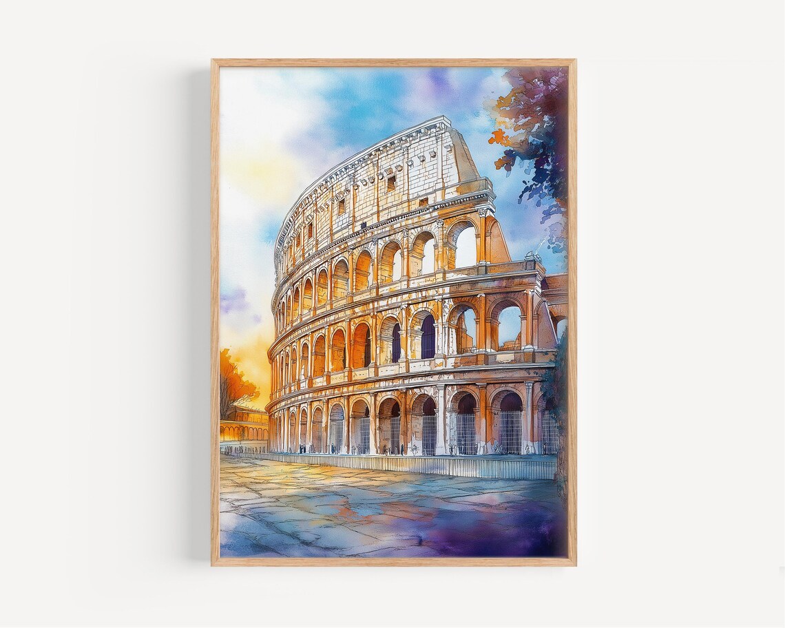 Colosseum Rome Watercolor Poster Ancient Amphitheater Italy Art