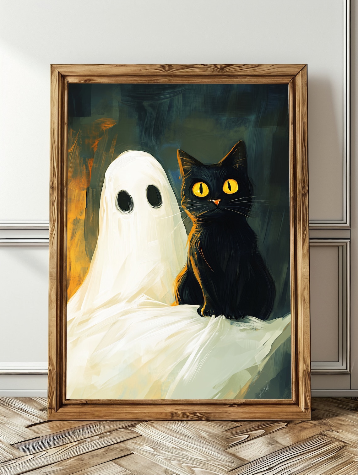 Cute Ghost Holding a Black Cat Halloween Spooky Painterly Art Poster - Image 3
