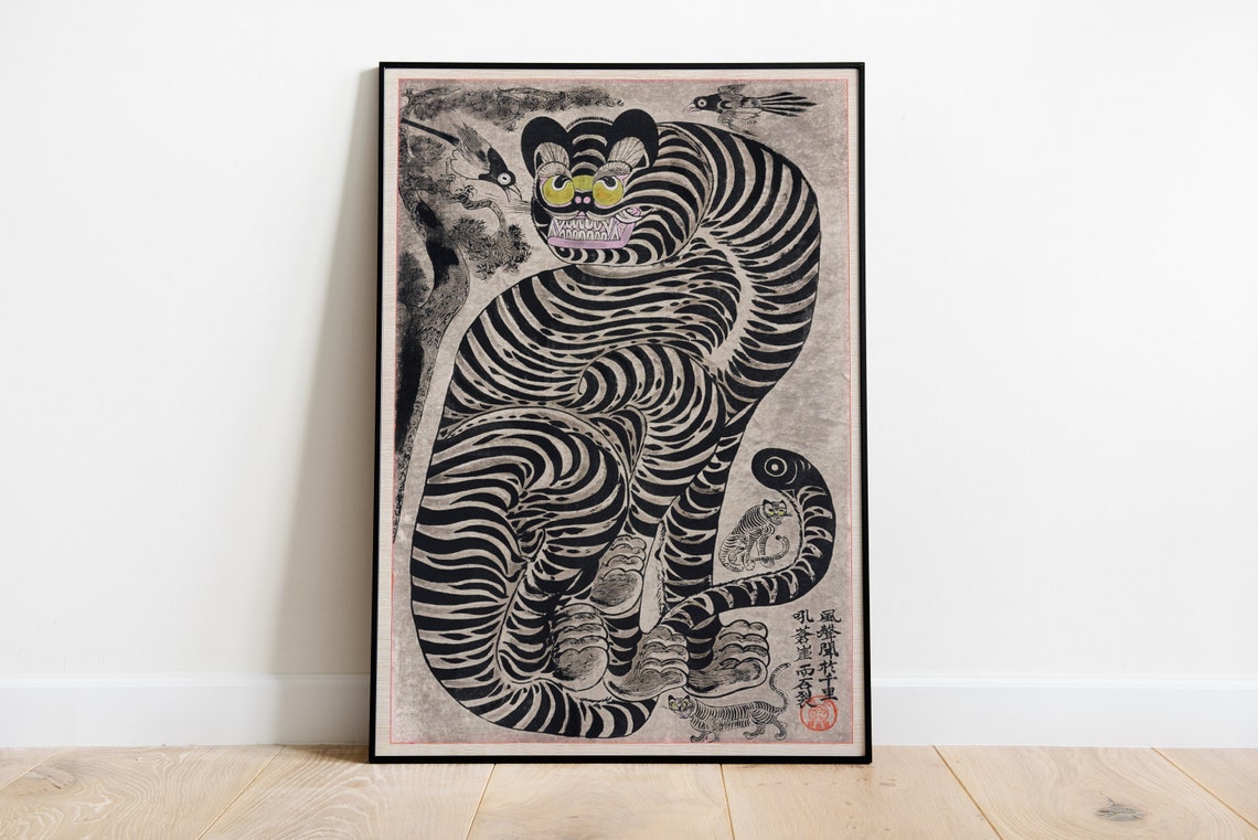 Vintage Tiger Botanical Art Deco Japanese Poster Print