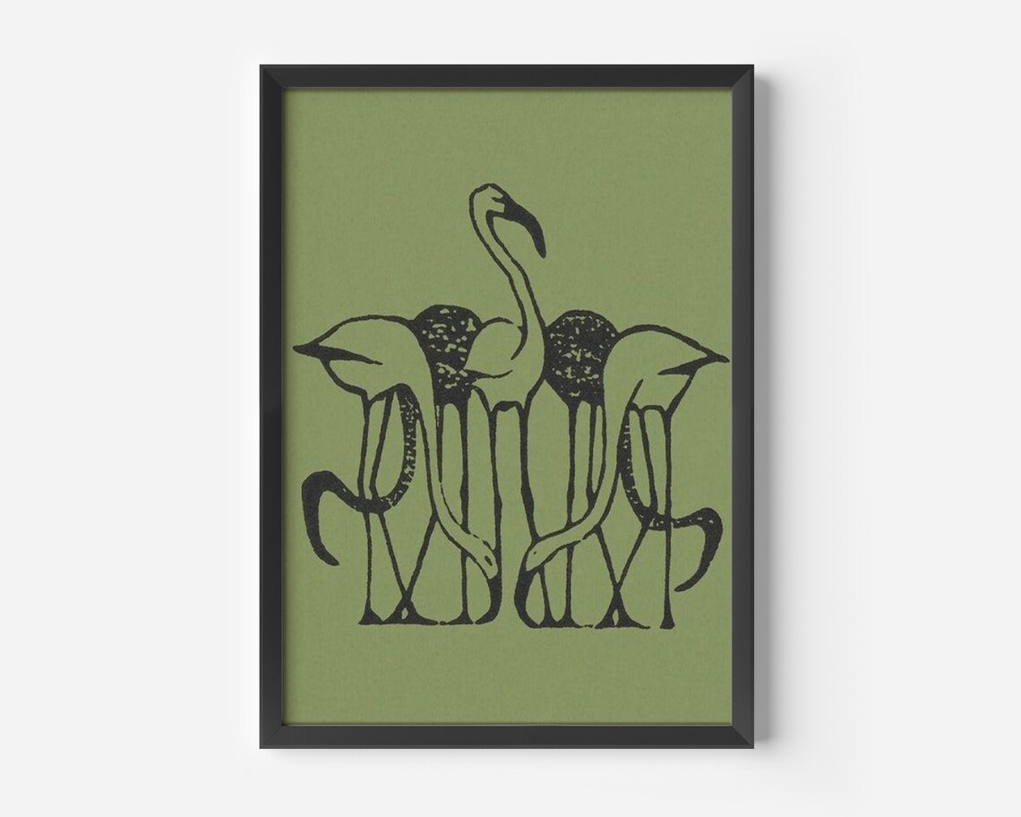 Five Flamingos by Dijsselhof Vintage Black Line Art Bird Poster - Image 4