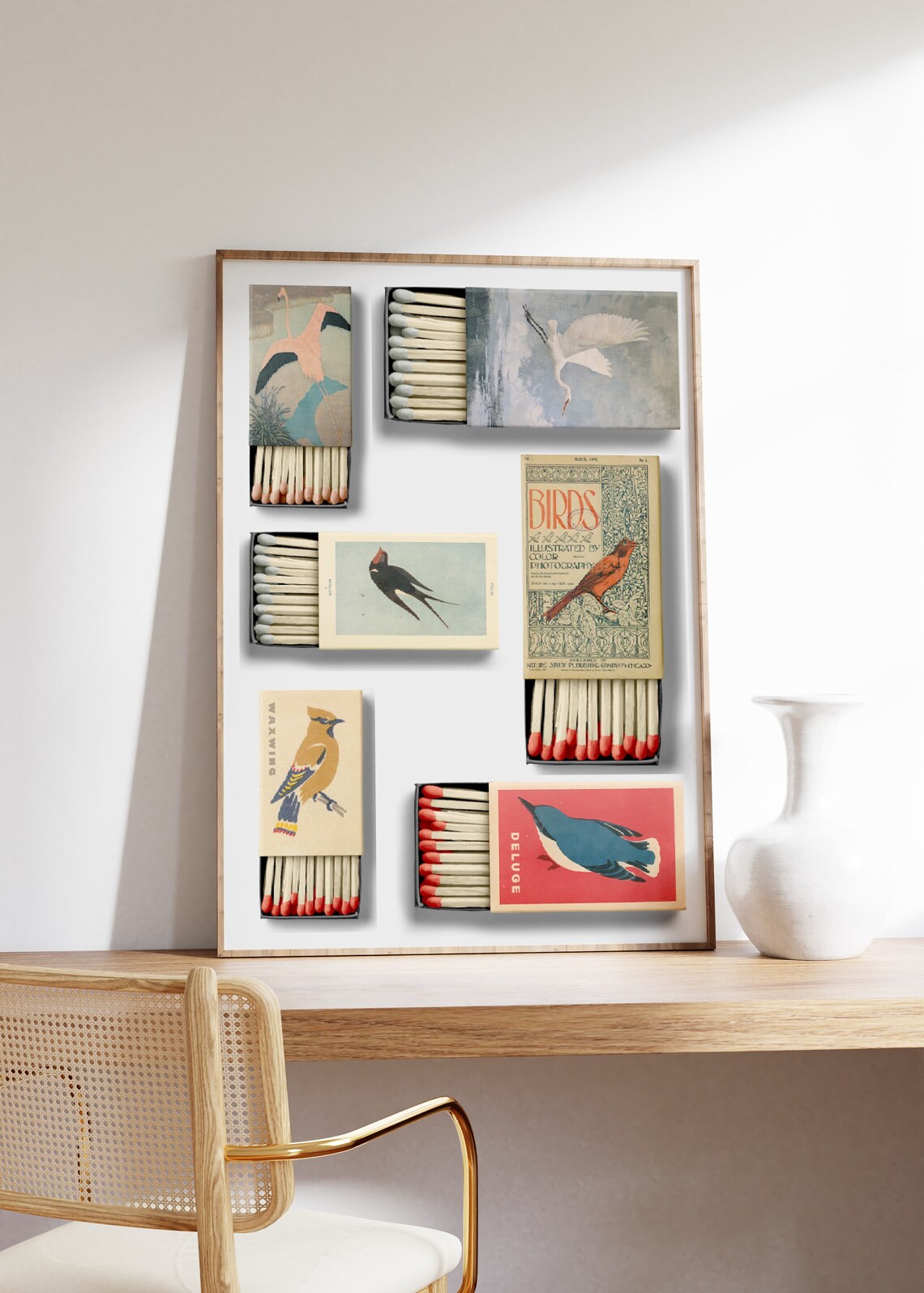 Vintage Bird Matchbox Collage, Retro Poster - Image 3