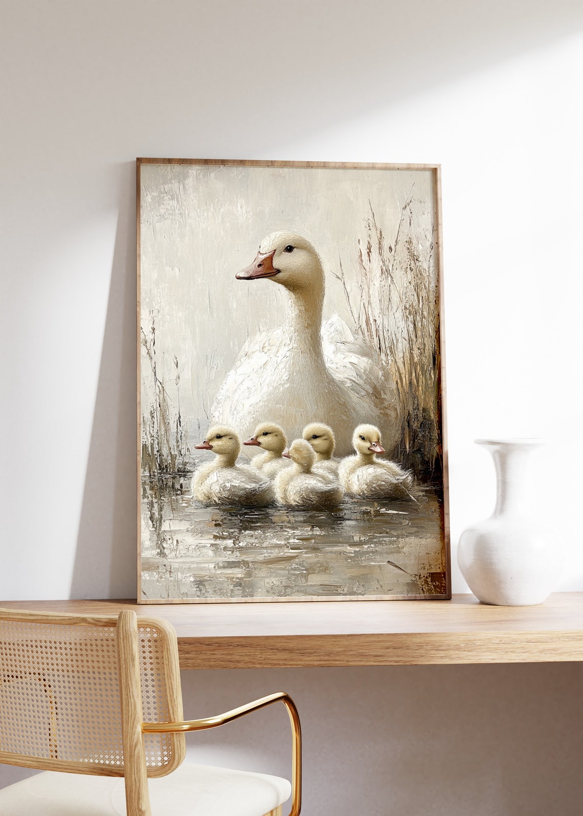 Mother Goose With Her Goslings Painting Goose Print Muted Beige And Gold Tones Antique Bird Painting Country Landscape Vintage Bird - Image 4