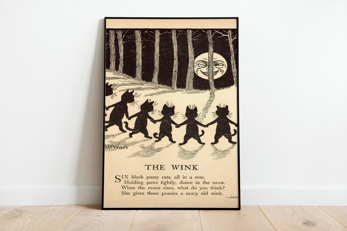 Funny Cats Dancing in Moonlight, Vintage Art Deco Poster