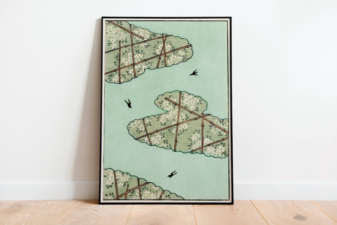 Pink Sky Japanese Woodblock Art Print, Vintage Pattern
