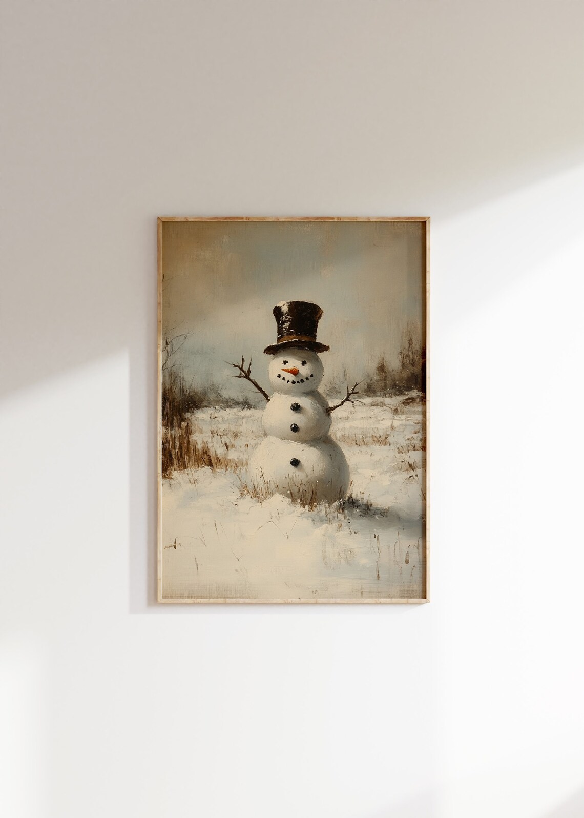 Vintage Snowman Winter Landscape, Rustic Art Print - Image 3