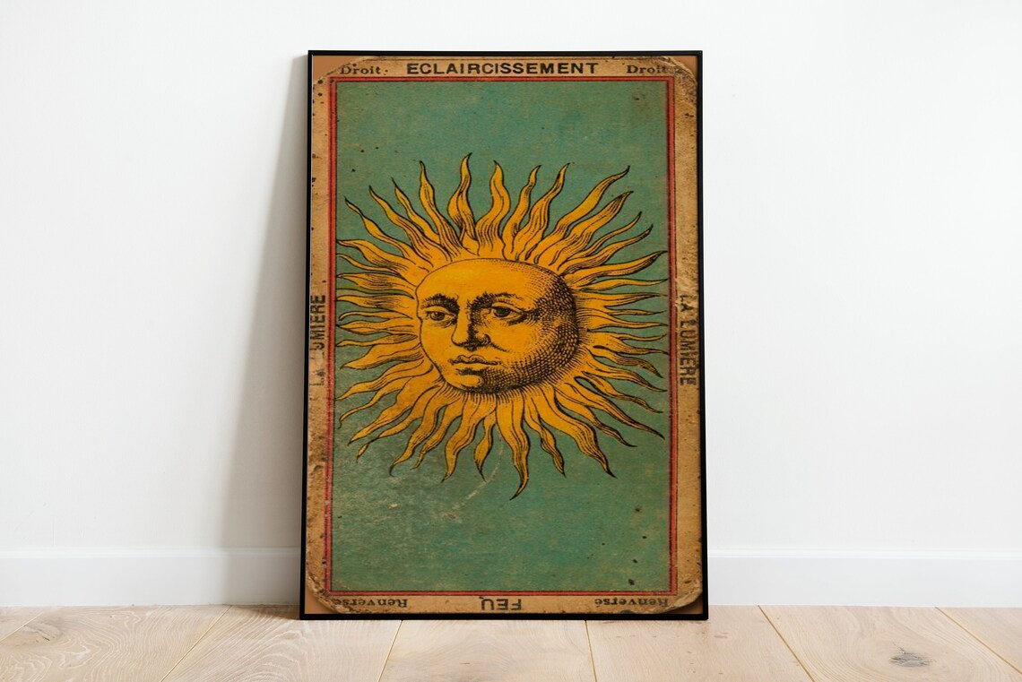 Antique French Tarot Sun Card Eclaircissement Vintage Esoteric Poster