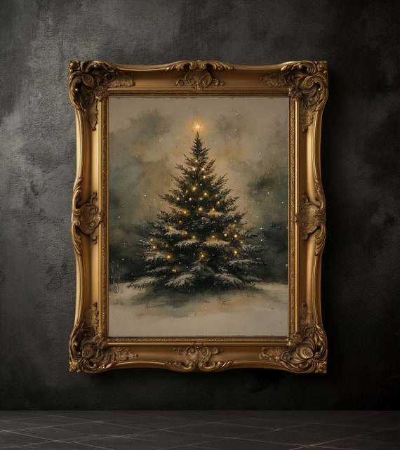 Vintage Moody Christmas Tree Art Print, Holiday Decor