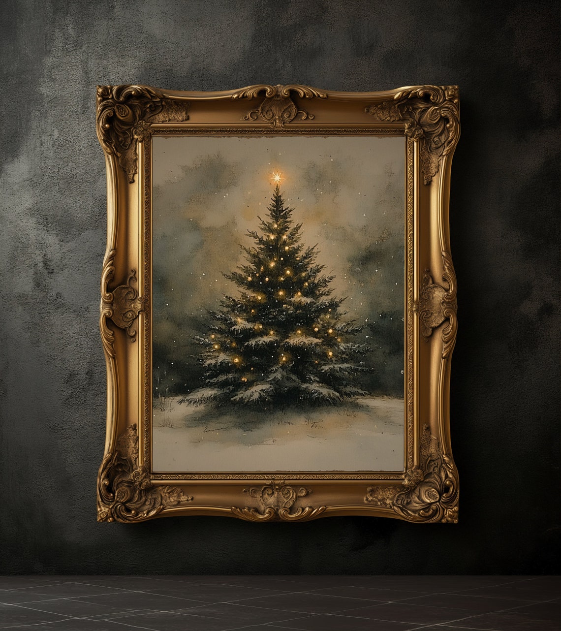 Vintage Moody Christmas Tree Art Print, Holiday Decor