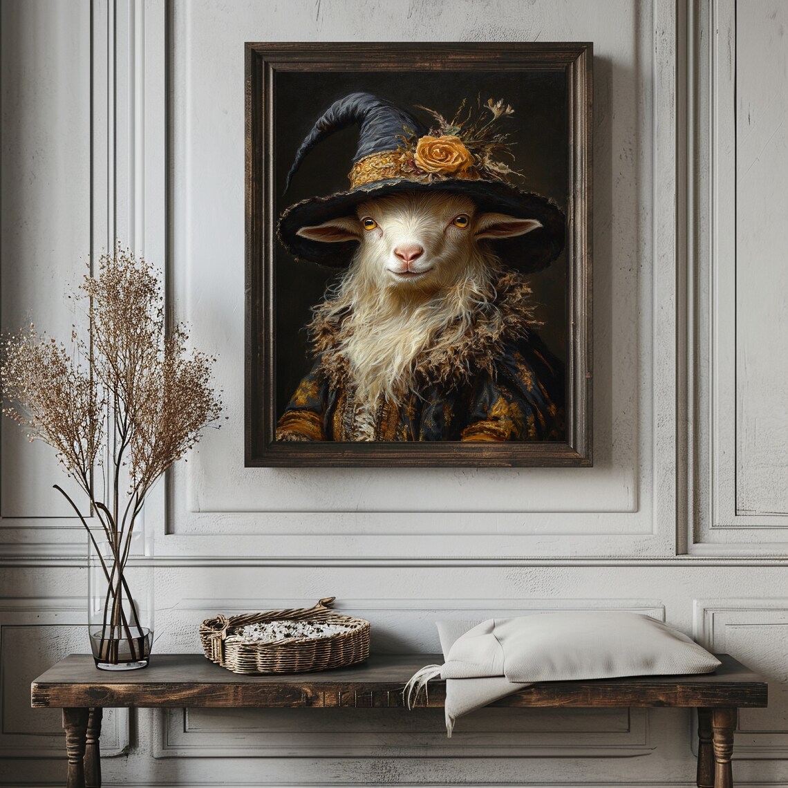 Goat Wearing Witch Hat With Yellow Rose Spooky Baroque Portrait Poster - Image 2
