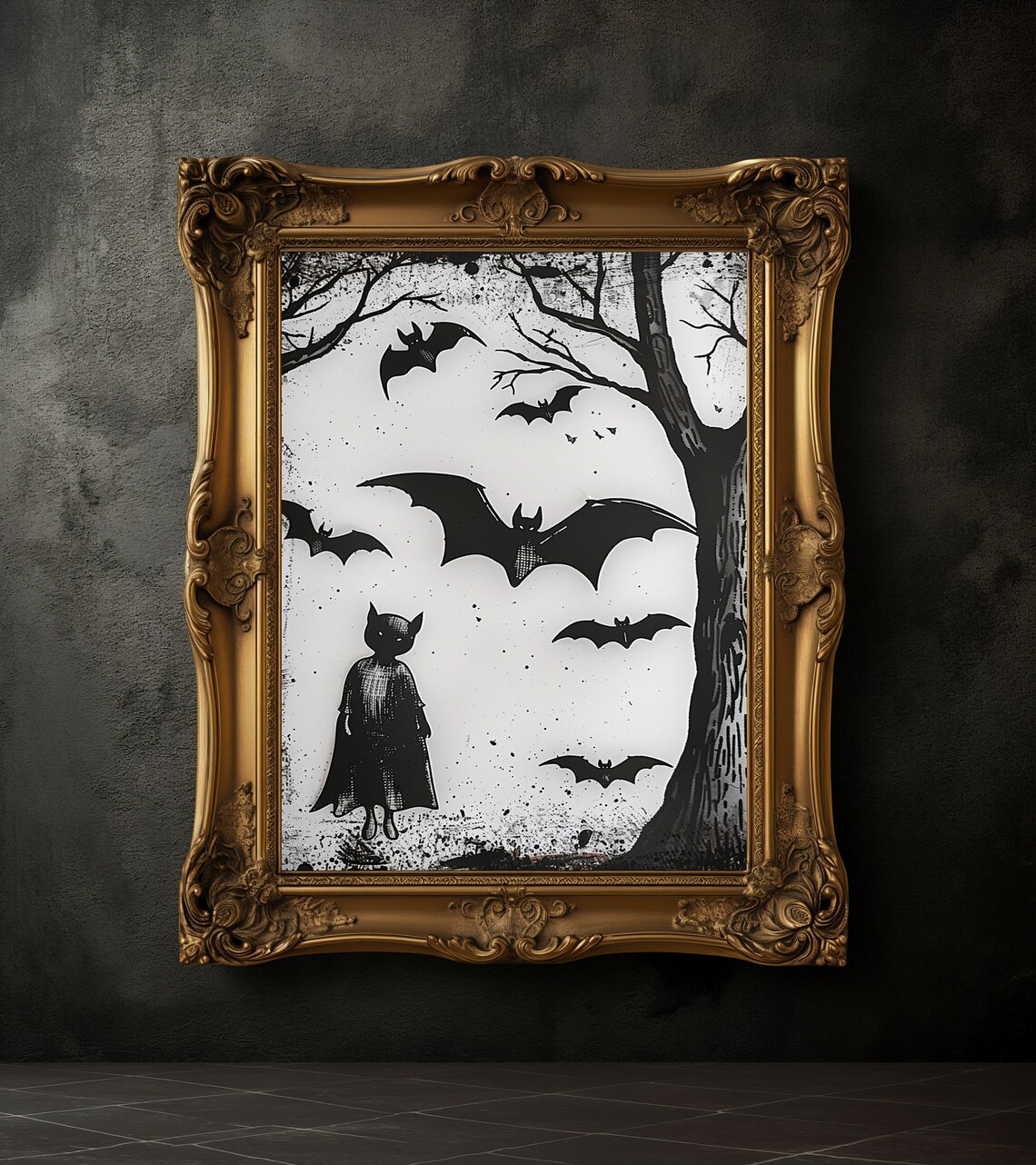 Gothic Black And White Cat Child With Bats Spooky Night Poster - Image 3