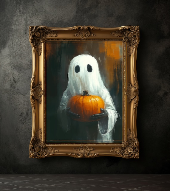Ghost With Pumpkin Halloween Art Print, Dark Academia