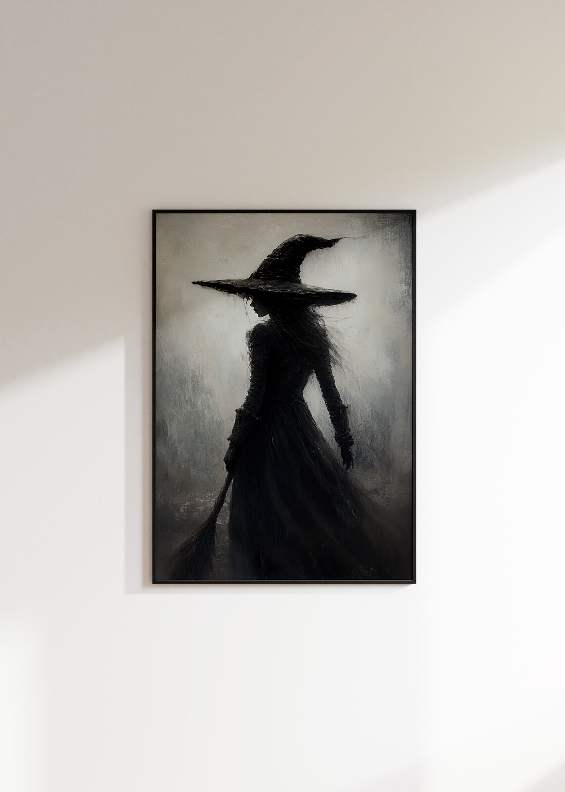 Witch in Black Silhouette With Broom Standing in the Mist Poster - Image 4