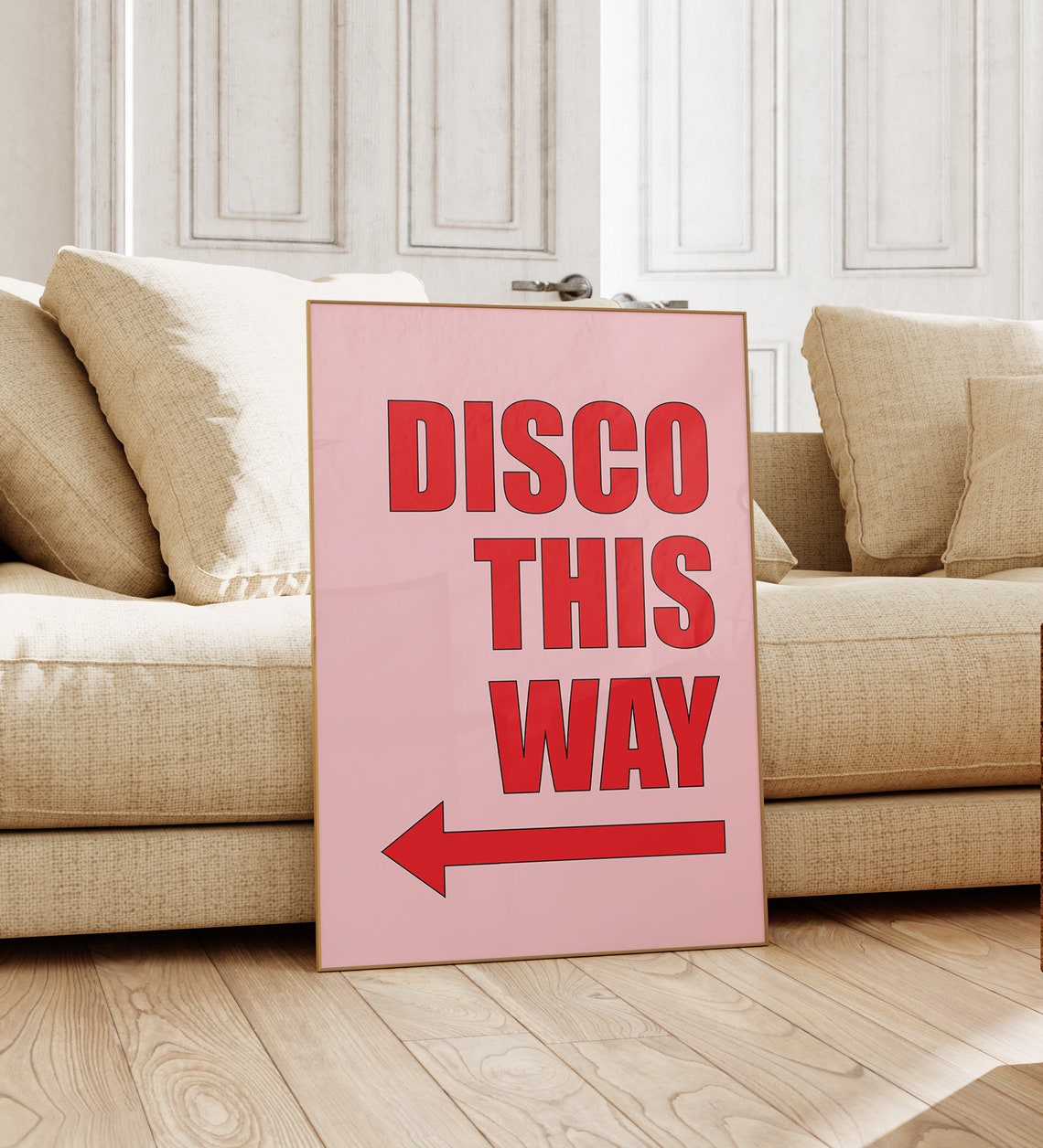 Disco This Way Hot Pink Retro Party Direction Arrow Quote Poster