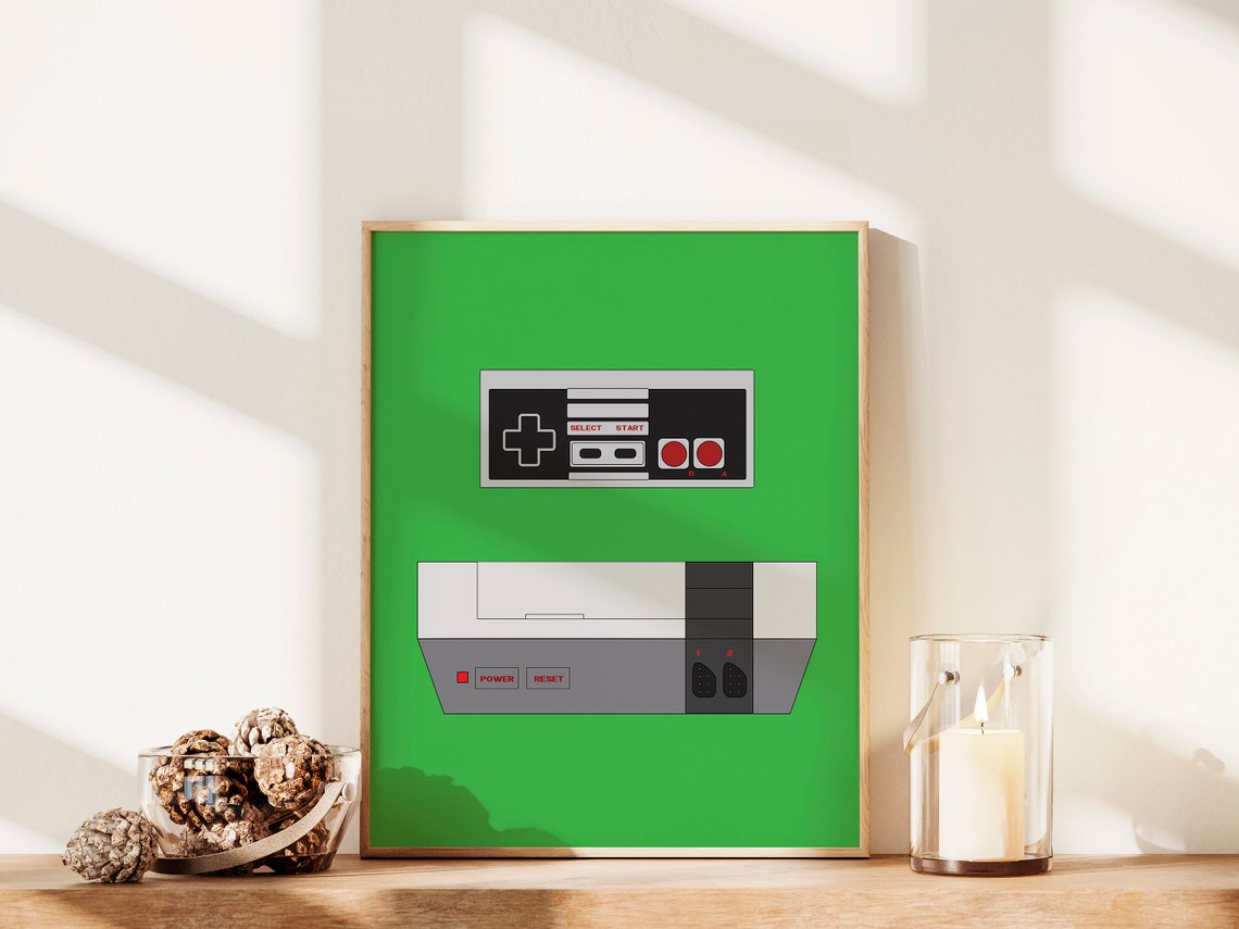 Nintendo NES Classic Retro Console Controller Green Gaming Art Poster