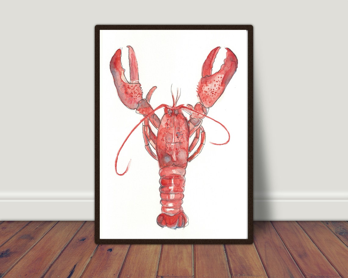Red Lobster Watercolor Seafood Kitchen Art Print with Coastal Charm