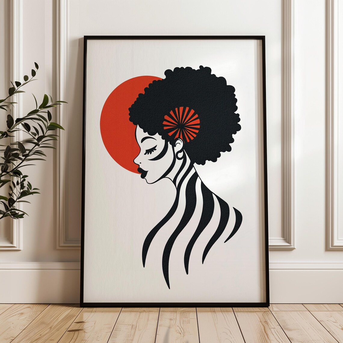 Bold African Woman Profile Illustration With Red Sun Minimalist Poster