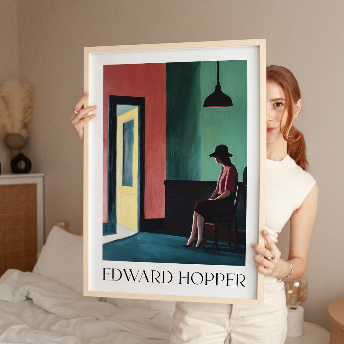 Edward Hopper Style Seated Woman Colorful Interior Mid Century Poster