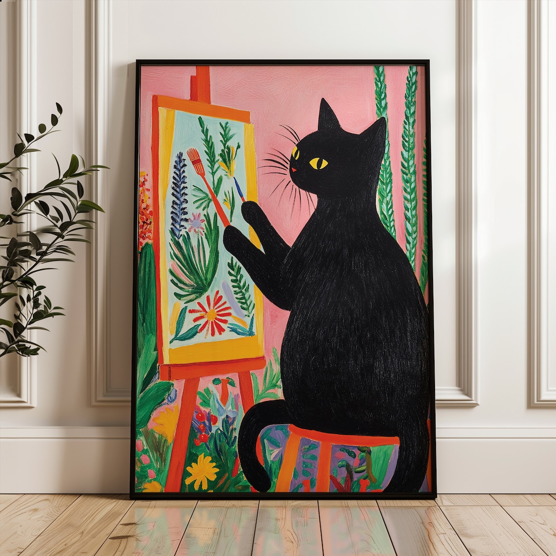 Black Cat Artist Painting Flowers at Easel Funny Whimsical Cat Poster