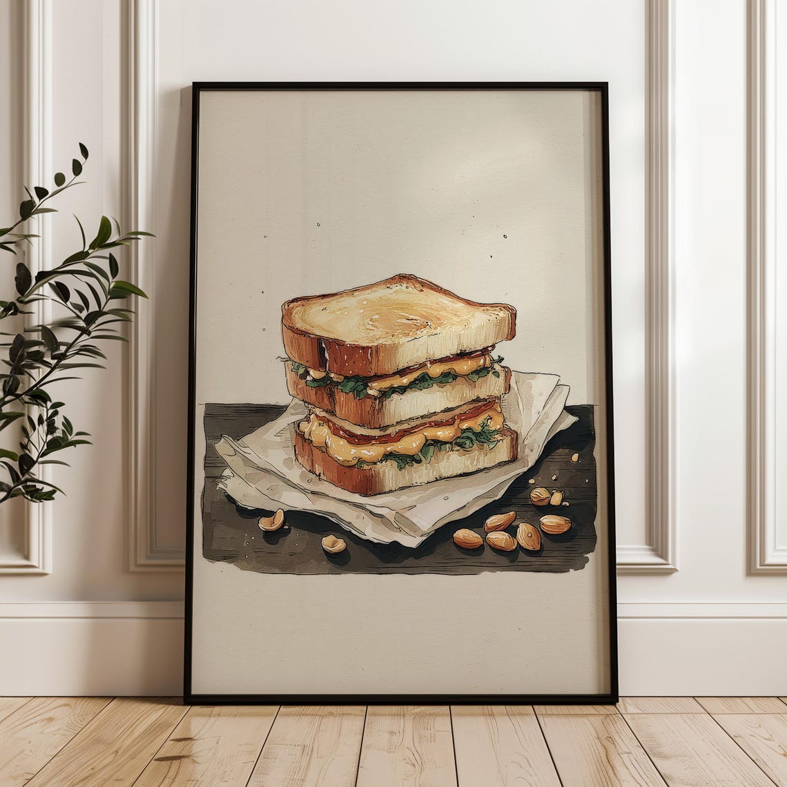 Grilled Sandwich With Peanuts Hand Drawn Watercolor Kitchen Poster