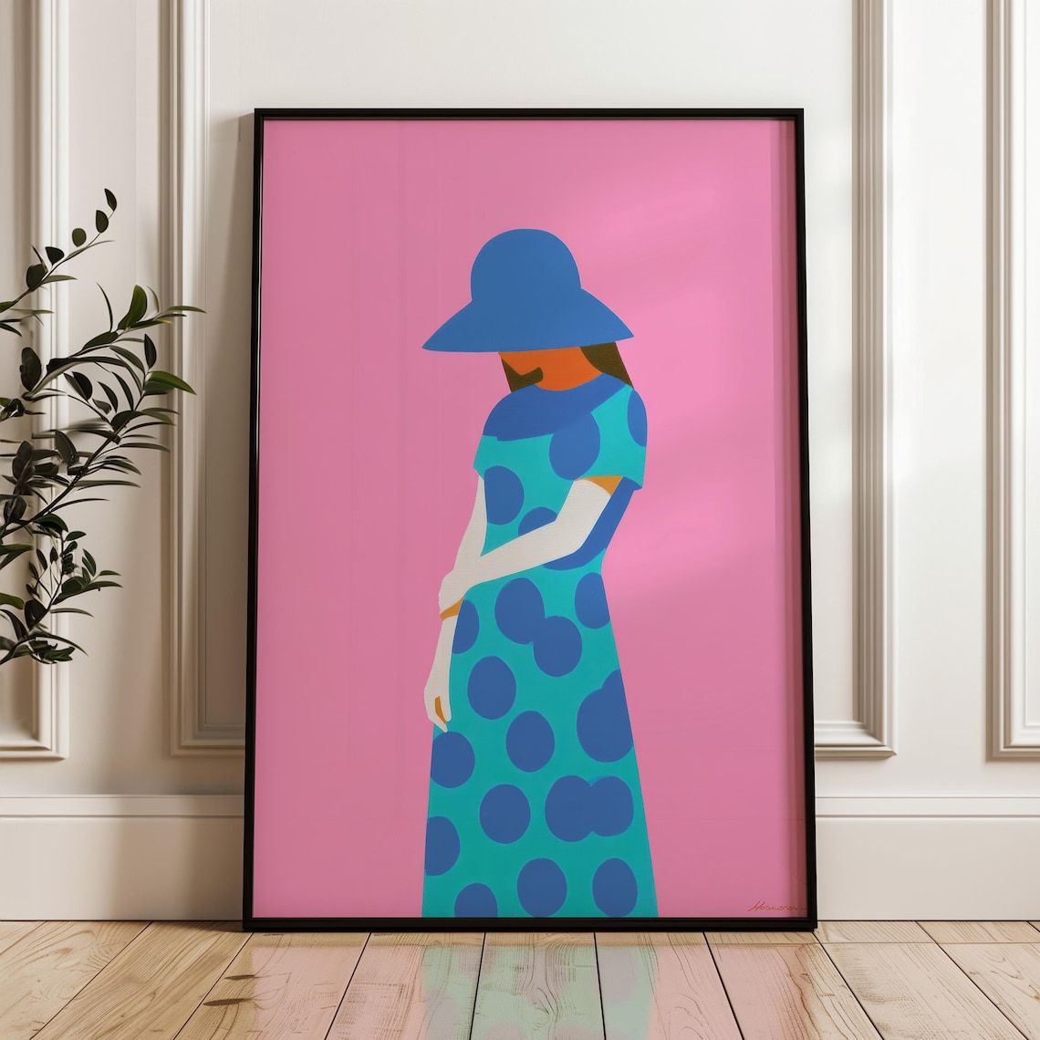 Minimalist Woman Blue Hat Polka Dot Dress Pink Background Pop Print