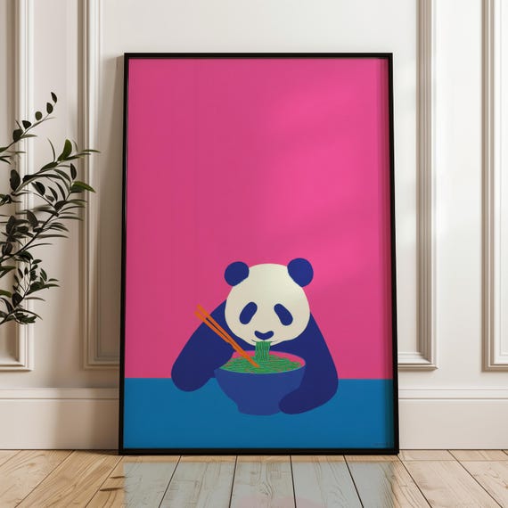 Minimal Panda Eating Noodles Art Print Modern Pop Poster Blue And Pink Wall Decor Playful Home