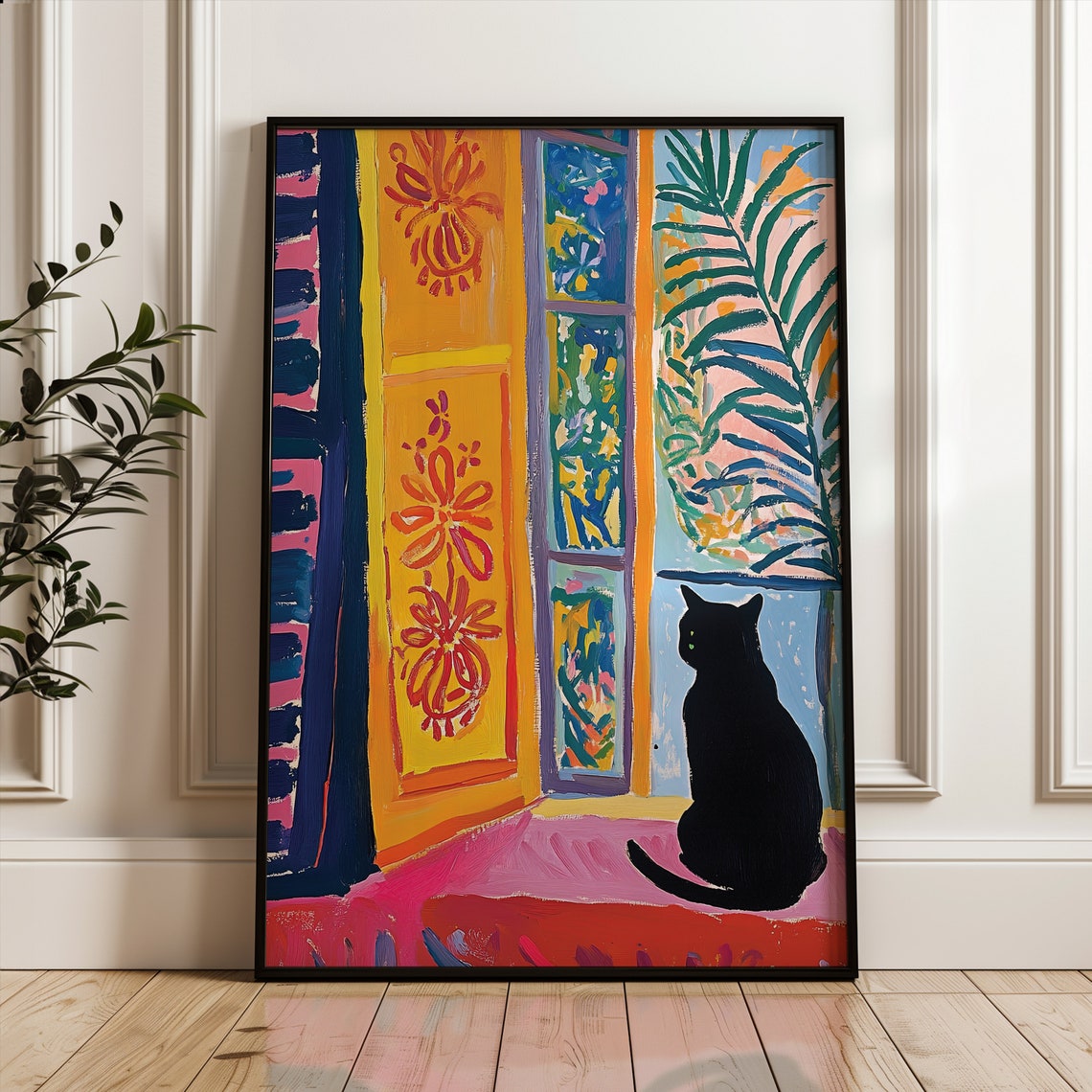 Black Cat Silhouette at Ornate Window Matisse Style Art Print