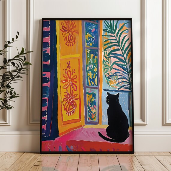 Black Cat Silhouette at Ornate Window Matisse Style Art Print