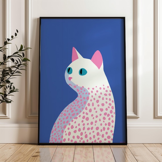 Minimal White Cat Pop Art Print With Pink Polka Dots On Blue